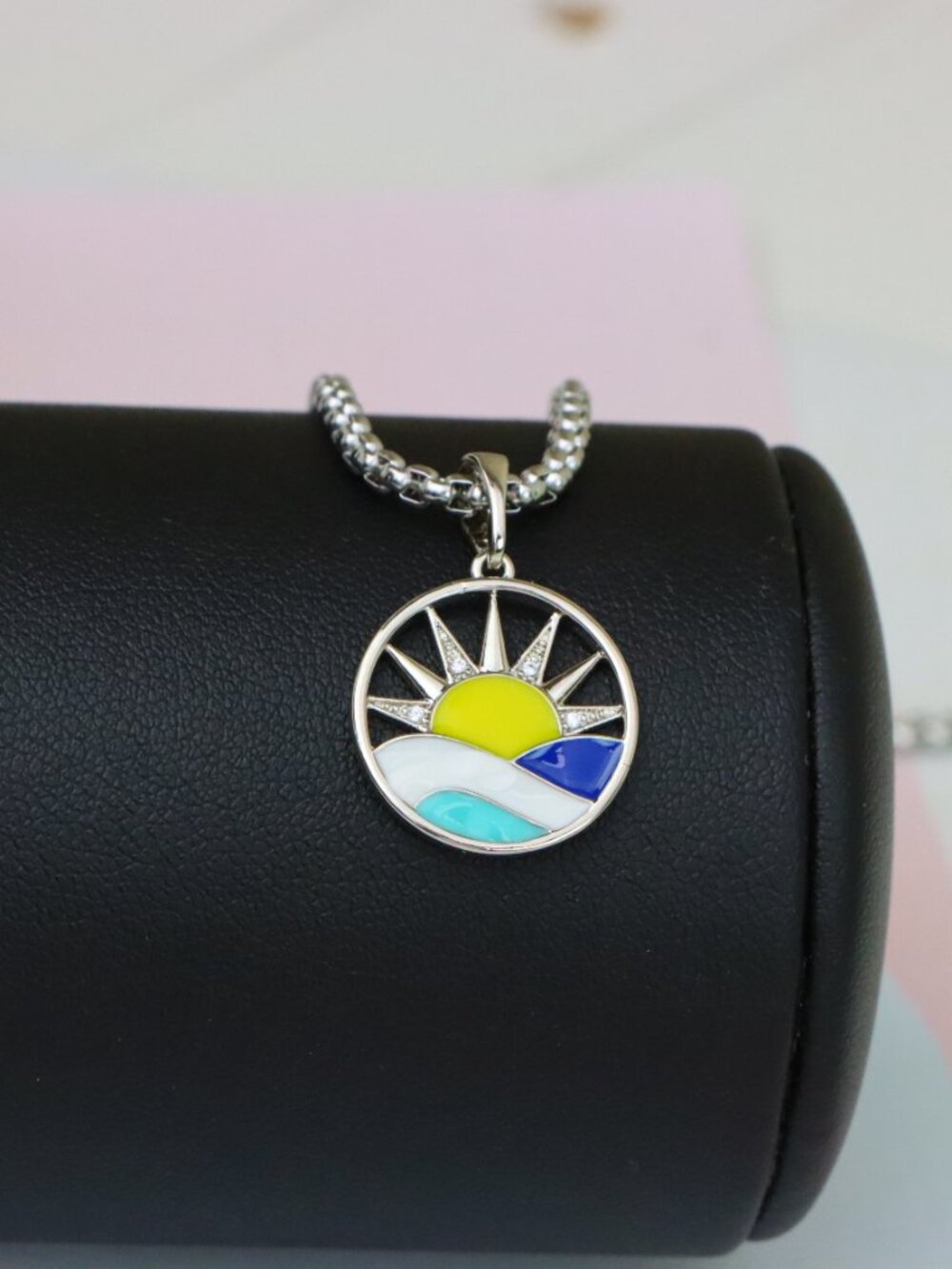 Round Silver Pendant with Colorful Sun and Wave Enamel Design, XPPT1867 - Picture 3 of 11